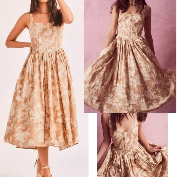 NWT LOVESHACKFANCY DRESS MIDI MAJORY SUMMER FLORAL WEDDING GUEST BOHO SPRING TAN - Picture 1 of 16